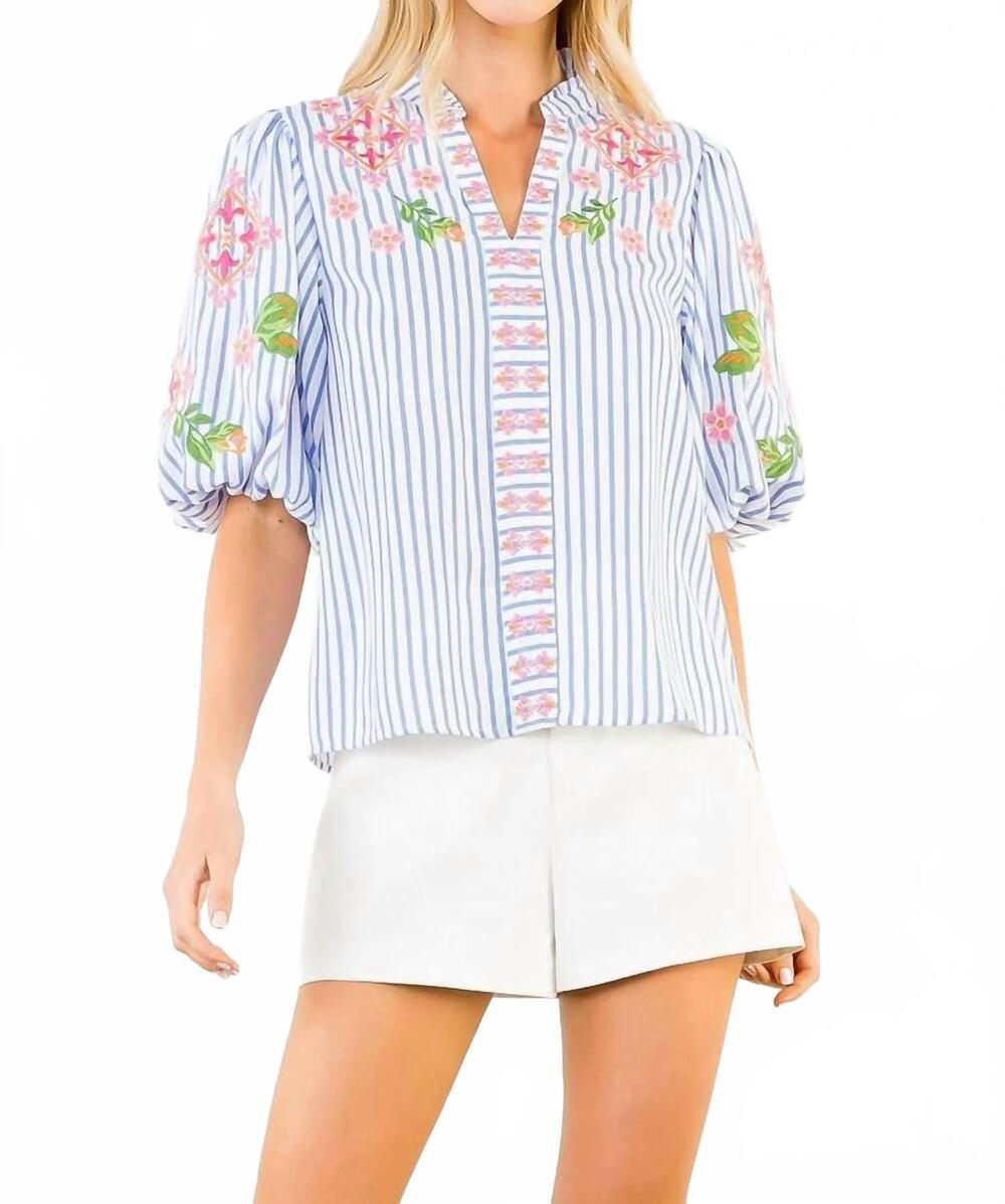 NEW THML puff sleeve striped embroidery detail v-neck top in blue stripe